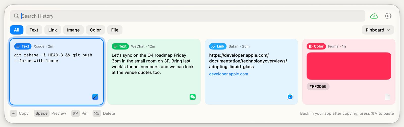 The Copymunk panel on Mac: a search field, filters and cards for text, links and colors